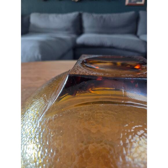 Hazel Atlas Amber Textured Glass Bowl 11" Mid-Century Modern Square Base - Picture 7 of 8